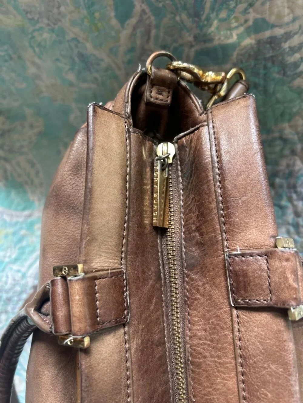 Tory Burch Large Brown Leather Double Handle Satchel Crossbody Bag